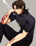  1boy brown_eyes brown_hair cigarette command_spell cross cross_necklace dairii fate/stay_night fate_(series) highres jewelry kotomine_kirei necklace smoking solo 