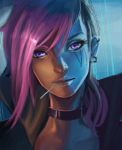  1girl asymmetrical_hair blue_eyes choker clockwork-cadaver ear_piercing earrings eyelashes face high_collar highres jewelry league_of_legends lipgloss lips looking_at_viewer mouth_hold nose nose_piercing piercing pink_hair portrait punk short_hair solo vi_(league_of_legends) violet_eyes 