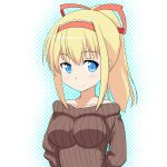  1girl alice_margatroid alternate_costume alternate_hairstyle bare_shoulders blonde_hair blue_eyes breasts bust casual cato_(monocatienus) collarbone hair_ribbon hairband halftone halftone_background looking_at_viewer ponytail ribbed_sweater ribbon smile solo sweater touhou 