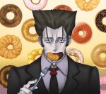  1boy bakemonogatari black_eyes black_hair doughnut fork formal kaiki_deishuu monogatari_(series) necktie nisemonogatari pale_skin short_hair suit watanabe_matazou 