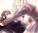  2girls akagi_(kantai_collection) alternate_costume blush brown_eyes brown_hair formal girl_on_top hairband kantai_collection lipstick long_hair makeup mosuke multiple_girls office_lady restrained school_uniform shoukaku_(kantai_collection) silver_hair suit yuri 