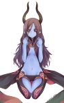 1girl bare_shoulders black_hair black_sclera blue_skin breasts character_name copyright_name flootier highres horns long_hair looking_at_viewer mound_of_venus navel pointy_ears red_eyes seiza sitting smile solo summon_night summon_night_5 tanyatonya thigh_gap 
