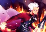  1boy archer dark_skin fate/stay_night fate_(series) fire magic male solo sword weapon white_hair yellow_eyes yuyu_(yuyudesu0806) 