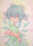  1girl acrylic_paint_(medium) blue_hair bow cirno dress frog graphite_(medium) hair_bow highres holding hug ice ice_wings looking_at_viewer looking_up neck_ribbon ribbon sad short_hair solo stuffed_animal stuffed_toy tearing_up tears touhou traditional_media watercolor_(medium) wings yuyu_(00365676) 