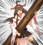  1girl ahoge bare_shoulders boots brown_eyes brown_hair detached_sleeves headgear japanese_clothes kantai_collection kongou_(kantai_collection) long_hair long_sleeves nontraditional_miko pleated_skirt shingo_(picturepuzzle) skirt solo thigh-highs thigh_boots tree 