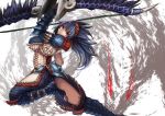  1girl arched_back armor black_hair blue_legwear bow_(weapon) breasts chaps fangs fishnets fur_trim glowing glowing_eyes hairband highres holding holding_weapon hrtyuk huge_weapon large_breasts leg_up long_hair looking_at_viewer midriff monster_hunter nargacuga nargacuga_(armor) navel parted_lips red_eyes scales solo spikes under_boob weapon 