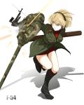  1girl blonde_hair blue_eyes boots breasts cannon character_name epaulettes gun headphones jacket log machine_gun military military_uniform military_vehicle original personification pre3445 ricocheting shield skirt solo t-54 tank uniform vehicle weapon world_of_tanks 