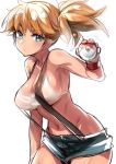  1girl blue_eyes blush breasts cleavage kasumi_(pokemon) large_breasts looking_at_viewer misty_(pokemon) naso4 navel orange_hair poke_ball pokemon short_hair short_shorts shorts side_ponytail simple_background sketch solo suspenders white_background 