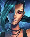  1girl blue_hair braid clockwork-cadaver eyelashes face fringe hair_over_one_eye highres jewelry jinx_(league_of_legends) league_of_legends lipstick long_hair makeup necklace nose pink_eyes portrait purple_lipstick smile solo twin_braids very_long_hair 