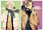  2boys breath brown_eyes brown_hair coat cross cross_necklace double-breasted eyepatch fate/stay_night fate/zero fate_(series) jewelry kotomine_kirei matou_kariya multiple_boys necklace nishi_juuji scar scarf unmoving_pattern white_hair winter_clothes 