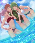  3girls ;d bandana bikini blush bob_cut braid breasts copyright_name fire_emblem fire_emblem:_rekka_no_ken fire_emblem_heroes green_eyes green_hair hand_on_hip head_scarf head_wings highres in_water intelligent_systems multiple_girls navel nintendo nonji_(sayglo_halo) one-piece_swimsuit one_eye_closed open_mouth pink_hair priscilla_(fire_emblem) rebecca_(fire_emblem) redhead serra short_hair shorts smile summer swimsuit twin_braids twintails violet_eyes wading 