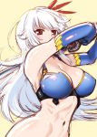  1girl blue_gloves breasts bust cleavage elbow_gloves ellenora_viltaria gloves long_hair madan_no_ou_to_vanadis navel red_eyes sketch solo toned ueyama_michirou white_hair yellow_background 