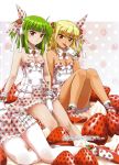  absurdres beatmania beatmania_iidx bemani blonde_hair bowtie braiding_hair breasts cleavage food food_themed_clothes frilled_skirt frills fruit gloves green_hair hair_ribbon hairdressing highres hime_cut hishimiya_tsugaru huge_filesize looking_at_viewer multiple_girls official_art red_shoes ribbon shoes skirt strawberry umegiri_iroha white_gloves xiatian_(beatmania_iidx) 