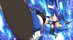  1girl blue blue_background blue_eyes blue_hair blue_legwear bodysuit boots gloves hair_ornament happy henshin kicking long_hair looking_at_viewer mecha_musume open_mouth ore_twintail_ni_narimasu smile solo tail_blue thigh-highs thighs transformation tsube_aika twintails yuto_(dialique) 