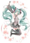  1girl armpits arms_up detached_sleeves flower green_eyes green_hair hatsune_miku headphones heart jumping long_hair looking_at_viewer microphone necktie skirt solo thigh-highs twintails very_long_hair vocaloid wataame27 white_background 