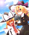  2girls blonde_hair braid choco_ice clouds fan gloves hair_ribbon hat kirisame_marisa long_sleeves multiple_girls ocean paper_fan ribbon ribbon_trim sky touhou uchiwa witch_hat yellow_eyes 