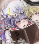  2girls blonde_hair blue_eyes blush book crescent_hair_ornament dress facing_viewer fujoshi hair_ornament hand_on_another&#039;s_shoulder hat kirisame_marisa lips mob_cap multiple_girls open_mouth patchouli_knowledge purple_hair reading touhou txoxsxhxi violet_eyes witch_hat 