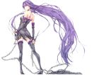  1girl absurdly_long_hair bare_shoulders black_dress black_legwear blindfold boots bridal_gauntlets chain choker contrapposto dress facial_mark fate/stay_night fate_(series) forehead_mark from_behind high_heel_boots high_heels highres kizuki_aruchu long_hair looking_back multicolored_eyes purple_hair rider simple_background solo spike thigh-highs thigh_boots very_long_hair violet_eyes weapon white_background yellow_eyes zettai_ryouiki 
