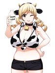  1girl animal_ears bell blonde_hair blush bottle breasts cleavage collar cow_bell cow_ears cow_print drill_hair hairband hand_on_hip horns huge_breasts large_breasts long_hair looking_at_viewer mahou_shoujo_madoka_magica midriff milk_bottle navel one_eye_closed plump shorts smile solo tied_shirt tomoe_mami torigoe_takumi twin_drills twintails yellow_eyes 