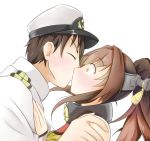  1boy 1girl admiral_(kantai_collection) brown_eyes brown_hair closed_eyes hands_on_another&#039;s_chest hands_on_another&#039;s_shoulders hat headgear hetero jitei kantai_collection kiss looking_at_another military military_uniform peaked_cap ponytail profile simple_background surprise_kiss surprised uniform white_background wide-eyed yamato_(kantai_collection) 