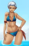  1girl ;) armband bikini blue_bikini braid breasts contrapposto eyebrows french_braid fringe g138 hand_on_hip highres impa light_smile lips navel nose one_eye_closed pointy_ears red_eyes smile solo swimsuit the_legend_of_zelda wading water white_hair wide_hips zelda_musou 