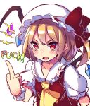  &gt;:o 1girl :o ascot asymmetrical_hair asymmetrical_wings blonde_hair dress english flandre_scarlet looking_at_viewer middle_finger mob_cap mokyu_(kukoudesu) open_mouth pov pov_eye_contact puffy_short_sleeves puffy_sleeves red_dress red_eyes short_hair short_sleeves side_ponytail slit_pupils solo touhou wings 