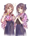  2girls alcohol ashigara_(kantai_collection) bashamichi black_hair cosplay cup drunk food haguro_(kantai_collection) hair_ornament hairband hakama japanese_clothes kantai_collection long_hair multiple_girls otabe_sakura pizza short_hair smile waitress wine wine_glass yagasuri 