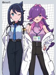  2girls aged_up black_hair blue_eyes breasts closed_mouth coat cowlick dot_(pokemon) earrings eyelashes hair_ornament hair_over_eyes highres jewelry lab_coat liko_(pokemon) long_hair long_sleeves looking_at_viewer mascot_costume multicolored_hair multiple_girls name_tag necktie nidothing nihiro_(erxun11) open_clothes open_coat open_mouth pants pink_hair pokemon pokemon_(anime) pokemon_horizons purple_hair ring shirt sleeveless sleeveless_sweater smile sweater violet_eyes white_coat white_shirt 