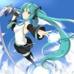  1girl clouds detached_sleeves faefaea green_eyes green_hair hatsune_miku headphones highres long_hair microphone necktie outstretched_arm skirt sky solo thigh-highs twintails very_long_hair vocaloid 
