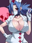  1girl blue_hair breasts cleavage gloves heart heart-shaped_pupils huge_breasts glasses_man nurse short_hair skullgirls solo surgical_mask symbol-shaped_pupils syringe valentine_(skullgirls) 