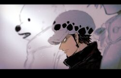  4boys bear bepo black_coat black_hair closed_mouth coat earrings facial_hair goatee hat jewelry letterboxed looking_ahead multiple_boys one_piece penguin_(one_piece) potechi_norisio profile shachi_(one_piece) short_hair sideburns trafalgar_law turtleneck_coat 