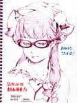  1girl alternate_hairstyle artist_name bespectacled black-framed_glasses bust crescent crescent_hair_ornament crescent_moon dated dress frilled_collar frilled_shirt glasses hair_ornament hair_ribbon hat hat_ornament hat_ribbon monochrome moon patchouli_knowledge ribbon rimless_glasses savan shirt sketch solo touhou traditional_media tress_ribbon 