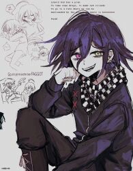  ... 2boys ahoge alternate_costume alternate_eye_color bags_under_eyes boots checkered_clothes checkered_scarf clenched_hand danganronpa_(series) danganronpa_v3:_killing_harmony ear_piercing english_commentary english_text ff9900 flipped_hair grey_background hair_between_eyes heterochromia highres jacket knee_up lace-up_boots long_sleeves looking_at_viewer male_focus multiple_boys narrowed_eyes oma_kokichi open_mouth pale_skin piercing pink_eyes purple_hair russian_text saihara_shuichi scarf sitting sleeping smile smirk solo_focus spoken_ellipsis teeth two-tone_scarf yellow_eyes zzz 