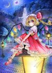  1girl bench blonde_hair butterfly flandre_scarlet glowing glowing_wings hat hat_ribbon lamp looking_at_viewer mob_cap moon mosho night puffy_short_sleeves puffy_sleeves red_eyes ribbon shirt short_sleeves side_ponytail sitting_on_object skirt skirt_set sky solo touhou traditional_media vest water watercolor_(medium) waterfall wings 