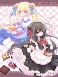  2girls :q black_hair blonde_hair blue_eyes food_as_clothes food_themed_clothes frills hair_ornament koyoi_(ruka) long_hair looking_at_viewer multiple_girls original personification smile tirol_chocolate tongue tongue_out twintails violet_eyes wrist_cuffs 