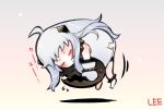  1girl ahoge artist_name closed_eyes flying_sweatdrops horns kantai_collection lee_(colt) long_hair lying mittens northern_ocean_hime on_stomach open_mouth pale_skin shinkaisei-kan silver_hair sleeping translation_request 