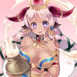  1girl animal_ears armlet blush breast_press breasts cleavage cow_ears dark_skin egyptian gradient gradient_background hair_ornament hathor_(p&amp;d) heart heart-shaped_pupils holding horns jar jewelry kaki_s large_breasts light_particles long_hair looking_at_viewer necklace outline pink_hair puzzle_&amp;_dragons smile solo symbol-shaped_pupils tongue tongue_out violet_eyes 