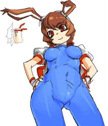  1girl animal_ears bodysuit bonus_kun breasts brown_eyes brown_hair cropped_jacket fingerless_gloves gloves goggles goggles_on_head hands_on_hips makihara_arina oekaki rabbit_ears ryao short_hair skin_tight smile solo waku_waku_7 