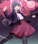  1girl a_(aaaaaaaaaaw) animal_ears belt black_legwear blazer full_moon gun jack-o&#039;-lantern jacket long_hair long_sleeves looking_at_viewer moon necktie night open_clothes open_jacket open_mouth pantyhose purple_hair rabbit_ears red_eyes red_sky reisen_udongein_inaba rifle shirt skirt sky solo touhou very_long_hair weapon 