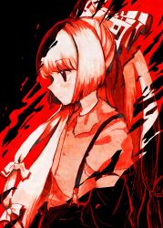  1girl absurdres bow commentary fujiwara_no_mokou hair_bow highres kimura8556spsk limited_palette looking_to_the_side profile red_theme shirt solo suspender_pants touhou 
