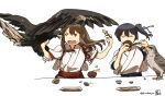  2girls akagi_(kantai_collection) bird bowl chopsticks eating falcon japanese_clothes kaga_(kantai_collection) kantai_collection long_hair multiple_girls side_ponytail spread_wings tora_jun wings 