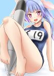  1girl :d arm_support bangs bare_legs barefoot between_legs blue_eyes blush breasts fang fuuma_nagi gradient_hair i-19_(kantai_collection) kantai_collection long_hair looking_at_viewer multicolored_hair open_mouth purple_hair school_swimsuit sitting smile solo star star-shaped_pupils swimsuit symbol-shaped_pupils toes torpedo 