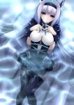  1girl amane_(zmc) black_legwear black_skirt breasts corset dodonpachi dodonpachi_saidaioujou expressionless frills grey_eyes hairband highres large_breasts long_hair maid maria_(saidaioujou) partially_submerged skirt solo thigh-highs water white_hair wrist_cuffs 