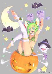  1girl :d animal_ears armpits arms_up bat bikini blue_eyes blush candy cat_ears cat_tail crescent_moon ghost gloves green_hair grey_background halloween jack-o&#039;-lantern kneepits last_summoner leg_up lollipop moon official_art open_mouth paw_gloves piro_(artist) short_hair smile solo star striped striped_bikini striped_swimsuit swimsuit tail toeless_socks white_legwear 