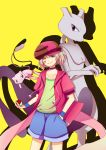  1boy absurdres blonde_hair crossover grin hand_in_pocket hat highres holding holding_poke_ball hoodie kui_sola mew mewtwo no_game_no_life poke_ball pokemon pokemon_(creature) shadow short_hair shorts smile symbol-shaped_pupils t-shirt tet_(no_game_no_life) wristband 