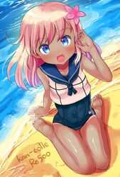  1girl adjusting_hair arm_support beach blonde_hair blue_eyes blush crop_top dada_(esoragoto) flower gradient_hair hair_flower hair_ornament kantai_collection long_hair looking_at_viewer multicolored_hair open_mouth ro-500_(kantai_collection) sailor_collar school_swimsuit school_uniform serafuku sitting smile solo swimsuit swimsuit_under_clothes tan tanline wariza water 