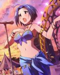  1girl ahoge artist_request beamed_quavers blue_hair bracelet brown_eyes earrings idolmaster idolmaster_million_live! jewelry microphone microphone_stand miura_azusa official_art smile swimsuit 