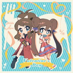  2girls alternate_costume black_socks blush_stickers boots box bright_pupils brown_hair character_name chibi chocolate coat commentary double_bun eating food gift gift_box hair_bun hand_up highres hilda_(pokemon) holding holding_chocolate holding_food kyuu999_bot long_hair long_sleeves multiple_girls pokemon pokemon_bw pokemon_bw2 pokestar_studios red_coat rosa_(pokemon) shirt short_sleeves shorts sidelocks skirt socks symbol-only_commentary twintails valentine white_pupils white_shirt white_shorts 