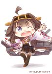 1girl ;d ahoge black_eyes brown_hair chibi cup detached_sleeves hinata_yuu holding kantai_collection kongou_(kantai_collection) long_hair looking_at_viewer machinery nontraditional_miko one_eye_closed open_mouth pleated_skirt skirt smile solo teacup turret waving 
