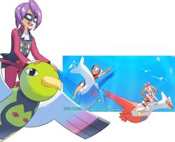  1boy :d ascot black_vest domino_mask happy long_sleeves male_focus mask medium_hair official_art_inset open_mouth pants pokemoa pokemon pokemon_(creature) pokemon_hgss purple_hair riding riding_pokemon shirt smile teeth upper_teeth_only vest white_ascot will_(pokemon) xatu 